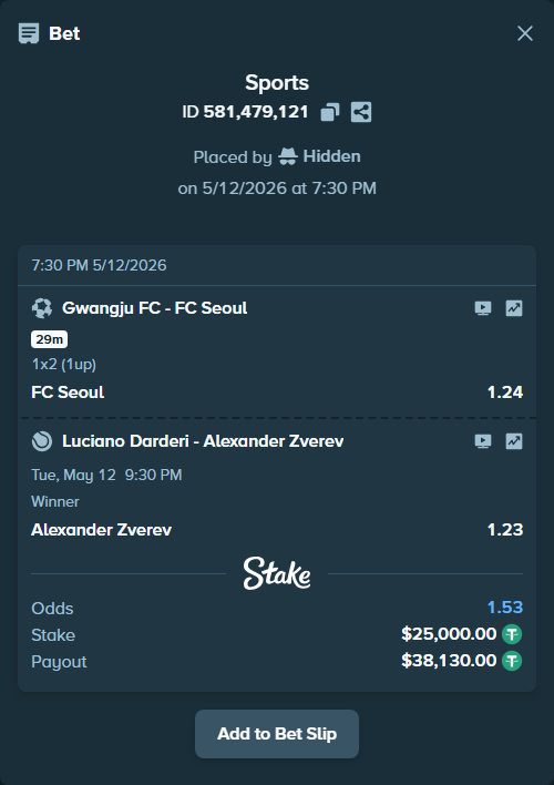 Bet slip: Gwangju FC - FC Seoul, $25,000.00 stake at 1.24 odds, placed by Hidden