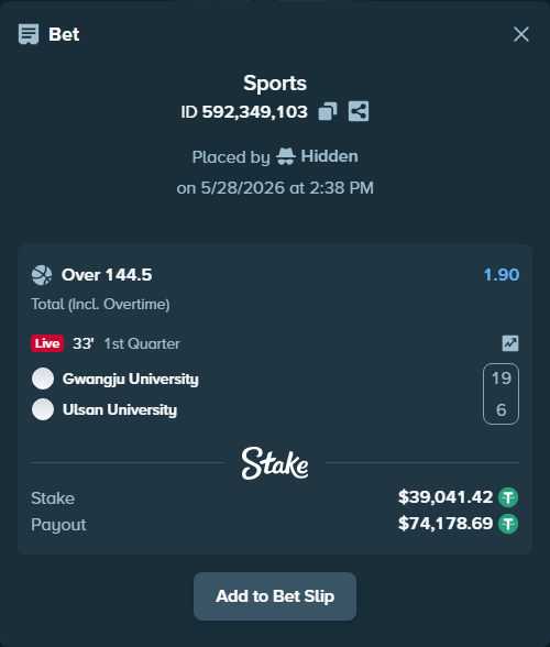Bet slip: Gwangju University - Ulsan University, $39,119.50 stake at 1.90 odds, placed by Hidden