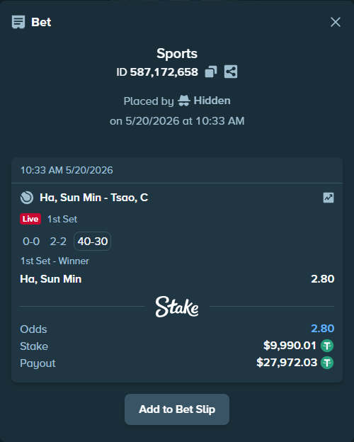 Bet slip: Ha, Sun Min - Tsao, C, $10,000.00 stake at 2.80 odds, placed by Hidden