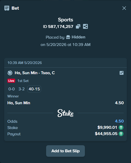Bet slip: Ha, Sun Min - Tsao, C, $10,000.00 stake at 4.50 odds, placed by Hidden