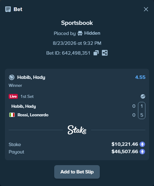 Bet slip: Habib, Hady - Rossi, Leonardo, $10,312.18 stake at 4.55 odds, placed by Hidden