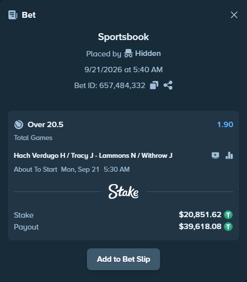 Bet slip: Hach Verdugo H / Tracy J - Lammons N / Withrow J, $20,851.62 stake at 1.90 odds, placed by Hidden