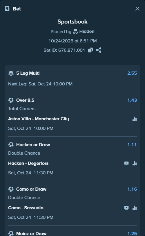 Bet slip: Hacken - Degerfors, $9,990.31 stake at 1.11 odds, placed by Jordann90
