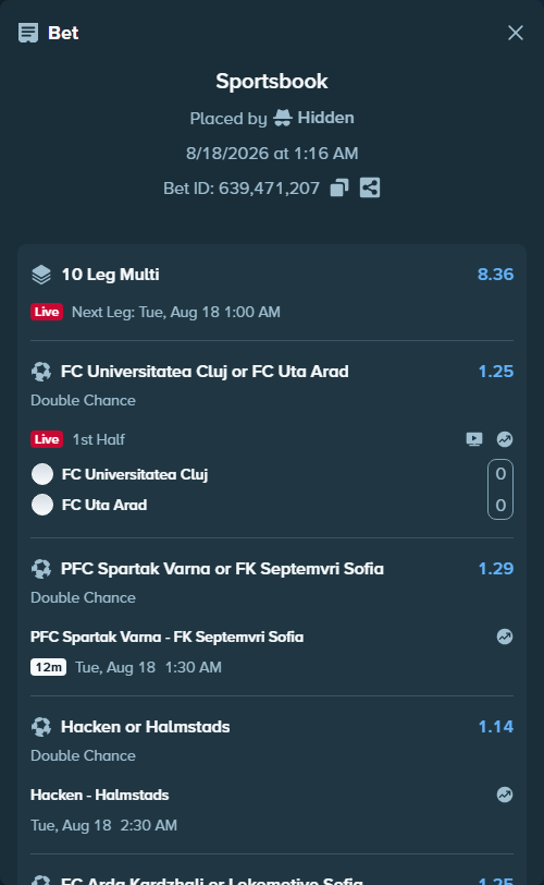 Bet slip: Hacken - Halmstads, $10,010.00 stake at 1.14 odds, placed by Hidden