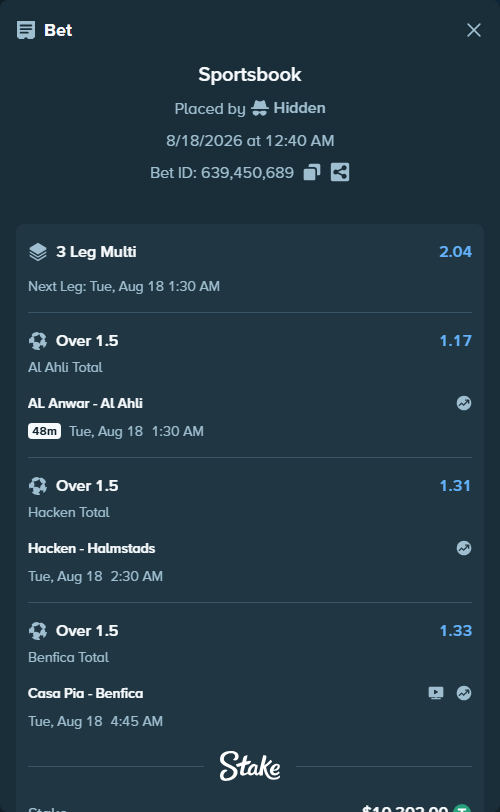 Bet slip: Hacken - Halmstads, $10,312.30 stake at 1.31 odds, placed by Hidden