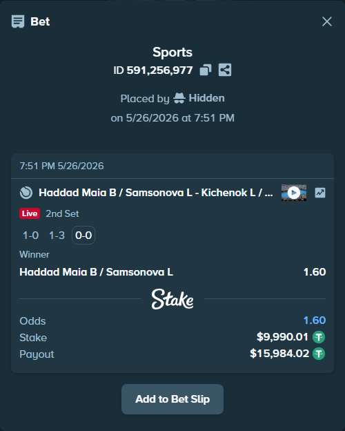 Bet slip: Haddad Maia B / Samsonova L - Kichenok L / Krawczyk D, $10,000.00 stake at 1.60 odds, placed by Hidden