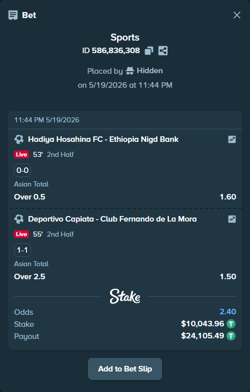 Bet slip: Hadiya Hossana FC - Ethiopia Nigd Bank, $10,054.00 stake at 1.60 odds, placed by Hidden