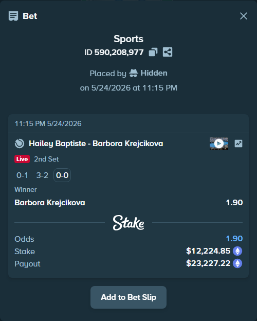 Bet slip: Hailey Baptiste - Barbora Krejcikova, $10,011.49 stake at 1.90 odds, placed by Hidden