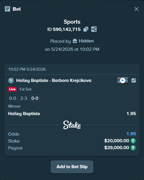 Bet slip: Hailey Baptiste - Barbora Krejcikova, $20,000.00 stake at 1.95 odds, placed by Hidden