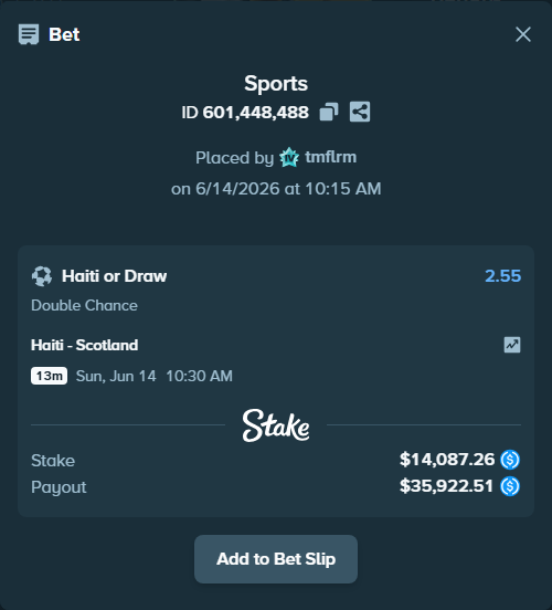 Bet slip: Haiti - Scotland, $14,087.26 stake at 2.55 odds, placed by tmflrm