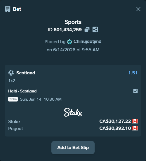 Bet slip: Haiti - Scotland, $14,894.14 stake at 1.51 odds, placed by Chinujaatjind