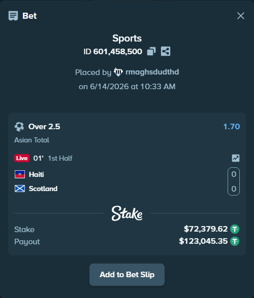 Bet slip: Haiti - Scotland, $72,452.00 stake at 1.70 odds, placed by rmaghsdudthd
