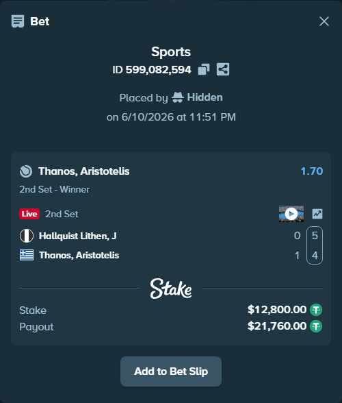 Bet slip: Hallquist Lithen, J - Thanos, Aristotelis, $12,812.80 stake at 1.70 odds, placed by Hidden