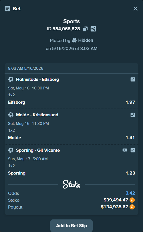 Bet slip: Halmstads - Elfsborg, $32,093.50 stake at 1.97 odds, placed by Hidden