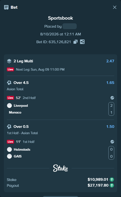 Bet slip: Halmstads - GAIS, $11,000.00 stake at 1.50 odds, placed by tlwns4736