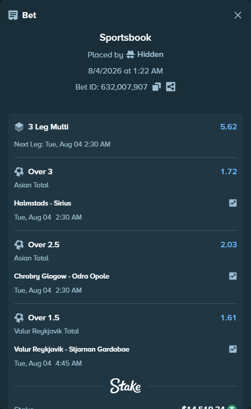 Bet slip: Halmstads - Sirius, $14,533.86 stake at 1.72 odds, placed by Hidden