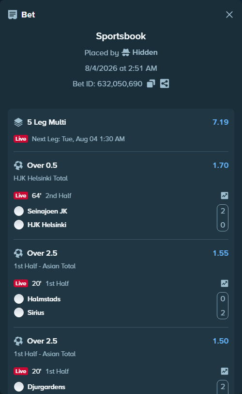 Bet slip: Halmstads - Sirius, $15,346.95 stake at 1.55 odds, placed by Hidden