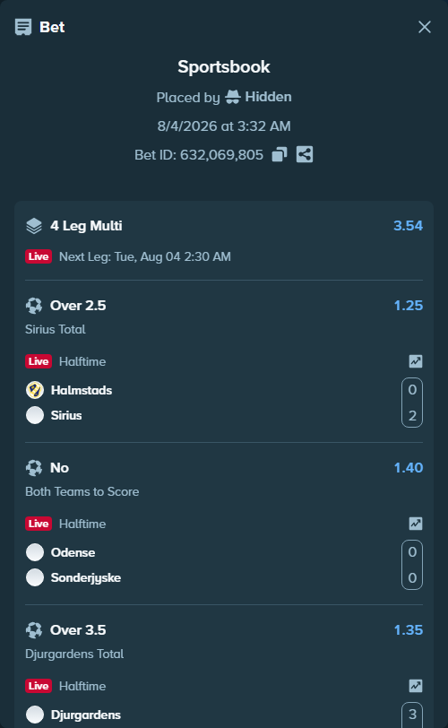 Bet slip: Halmstads - Sirius, $19,458.88 stake at 1.25 odds, placed by Hidden