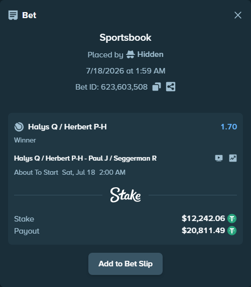 Bet slip: Halys Q / Herbert P-H - Paul J / Seggerman R, $12,254.30 stake at 1.70 odds, placed by Hidden