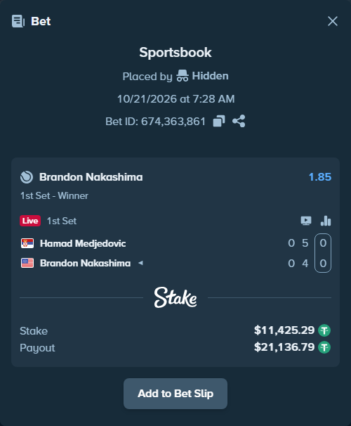 Bet slip: Hamad Medjedovic - Brandon Nakashima, $11,436.72 stake at 1.85 odds, placed by Mates99