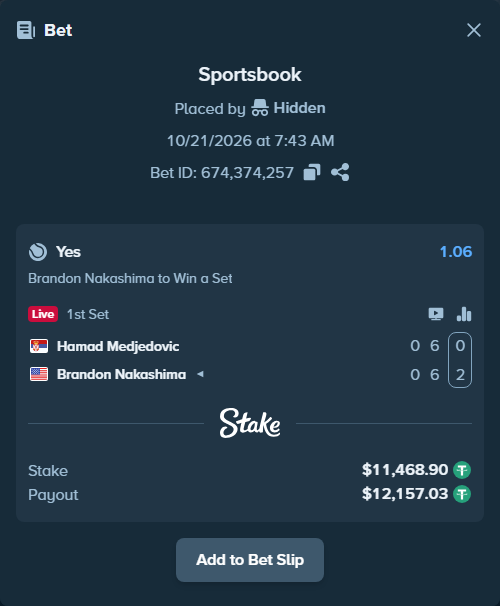Bet slip: Hamad Medjedovic - Brandon Nakashima, $11,480.36 stake at 1.06 odds, placed by Hidden