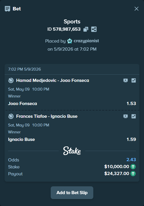 Bet slip: Hamad Medjedovic - Joao Fonseca, $10,000.00 stake at 1.53 odds, placed by crazypianist
