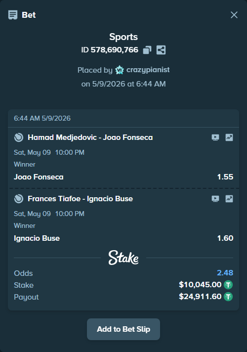 Bet slip: Hamad Medjedovic - Joao Fonseca, $10,045.00 stake at 1.55 odds, placed by crazypianist
