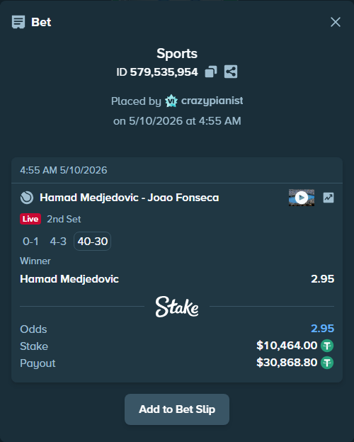 Bet slip: Hamad Medjedovic - Joao Fonseca, $10,464.00 stake at 2.95 odds, placed by crazypianist