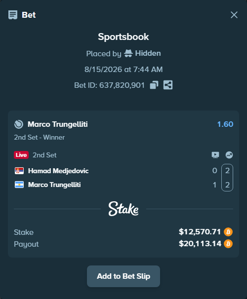 Bet slip: Hamad Medjedovic - Marco Trungelliti, $12,598.80 stake at 1.60 odds, placed by Hidden