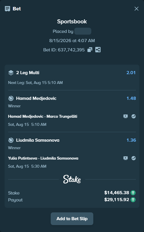 Bet slip: Hamad Medjedovic - Marco Trungelliti, $14,479.85 stake at 1.48 odds, placed by Davidbushel1