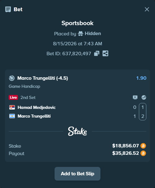 Bet slip: Hamad Medjedovic - Marco Trungelliti, $18,898.20 stake at 1.90 odds, placed by Hidden