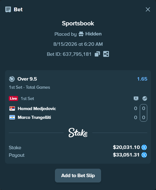 Bet slip: Hamad Medjedovic - Marco Trungelliti, $20,031.10 stake at 1.65 odds, placed by Hidden