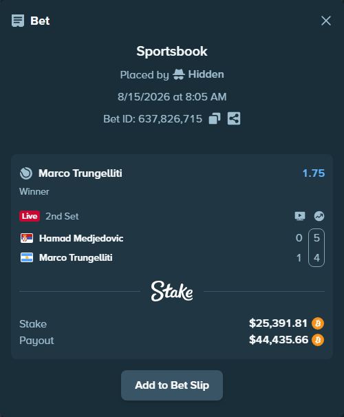 Bet slip: Hamad Medjedovic - Marco Trungelliti, $25,480.54 stake at 1.75 odds, placed by Hidden