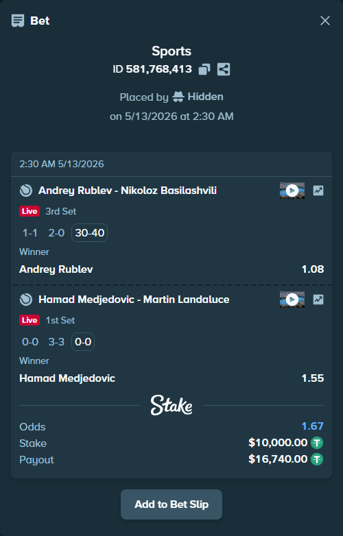 Bet slip: Hamad Medjedovic - Martin Landaluce, $10,000.00 stake at 1.55 odds, placed by Hidden