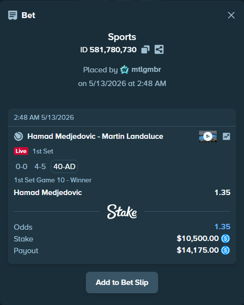 Bet slip: Hamad Medjedovic - Martin Landaluce, $10,500.00 stake at 1.35 odds, placed by mtlgmbr