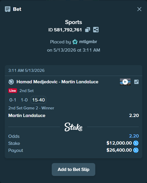 Bet slip: Hamad Medjedovic - Martin Landaluce, $12,000.00 stake at 2.20 odds, placed by mtlgmbr