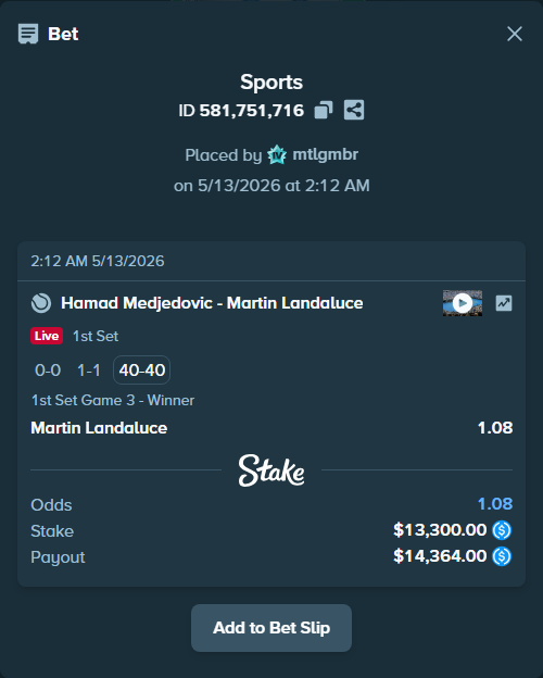Bet slip: Hamad Medjedovic - Martin Landaluce, $13,300.00 stake at 1.08 odds, placed by mtlgmbr