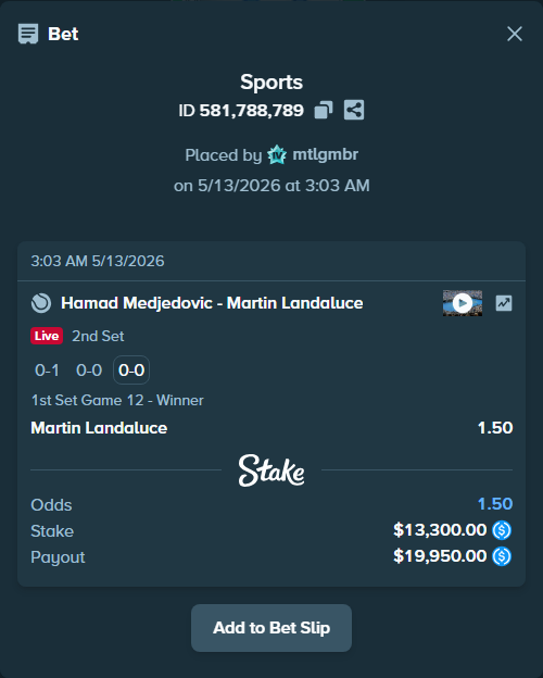 Bet slip: Hamad Medjedovic - Martin Landaluce, $13,300.00 stake at 1.50 odds, placed by mtlgmbr