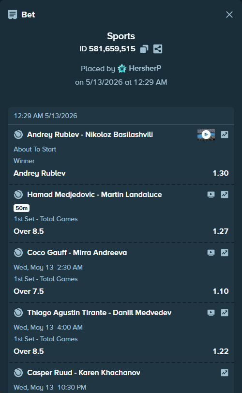 Bet slip: Hamad Medjedovic - Martin Landaluce, $50,000.00 stake at 1.27 odds, placed by HersherP
