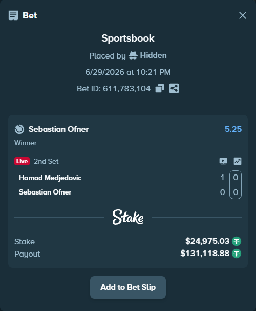 Bet slip: Hamad Medjedovic - Sebastian Ofner, $25,000.00 stake at 5.25 odds, placed by Hidden