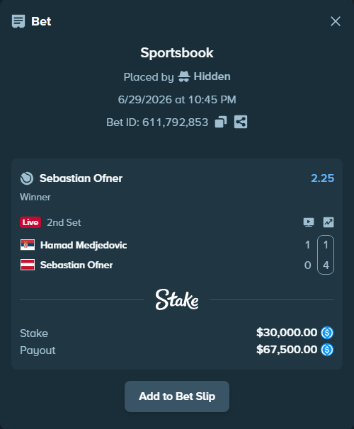 Bet slip: Hamad Medjedovic - Sebastian Ofner, $30,000.00 stake at 2.25 odds, placed by Hidden