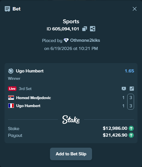 Bet slip: Hamad Medjedovic - Ugo Humbert, $12,998.99 stake at 1.65 odds, placed by Othmane2kiks