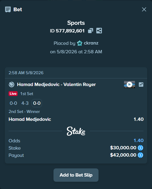 Bet slip: Hamad Medjedovic - Valentin Royer, $30,000.00 stake at 1.40 odds, placed by ckranz
