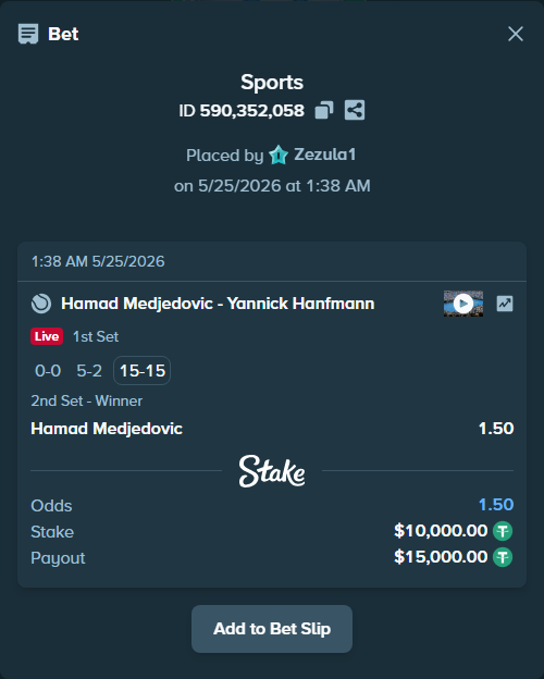 Bet slip: Hamad Medjedovic - Yannick Hanfmann, $10,000.00 stake at 1.50 odds, placed by Zezula1