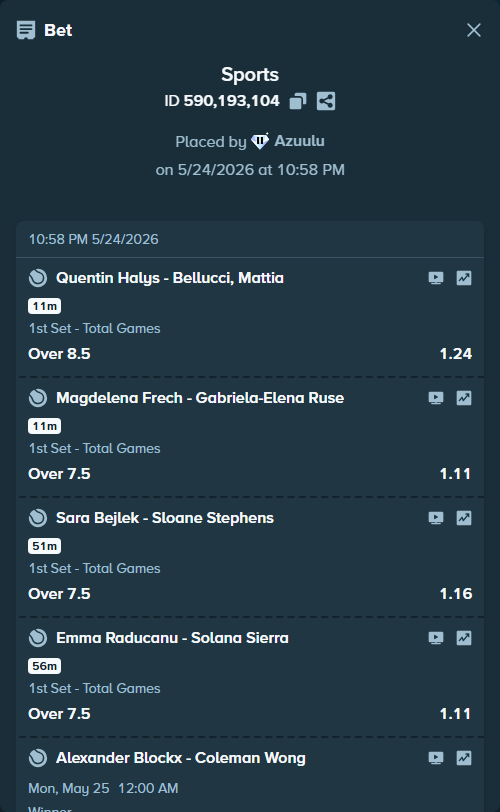 Bet slip: Hamad Medjedovic - Yannick Hanfmann, $75,000.00 stake at 1.20 odds, placed by Azuulu