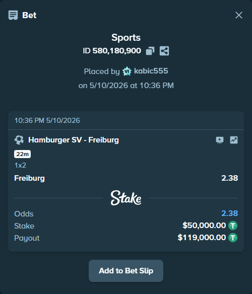 Bet slip: Hamburger SV - Freiburg, $50,000.00 stake at 2.38 odds, placed by kabic555