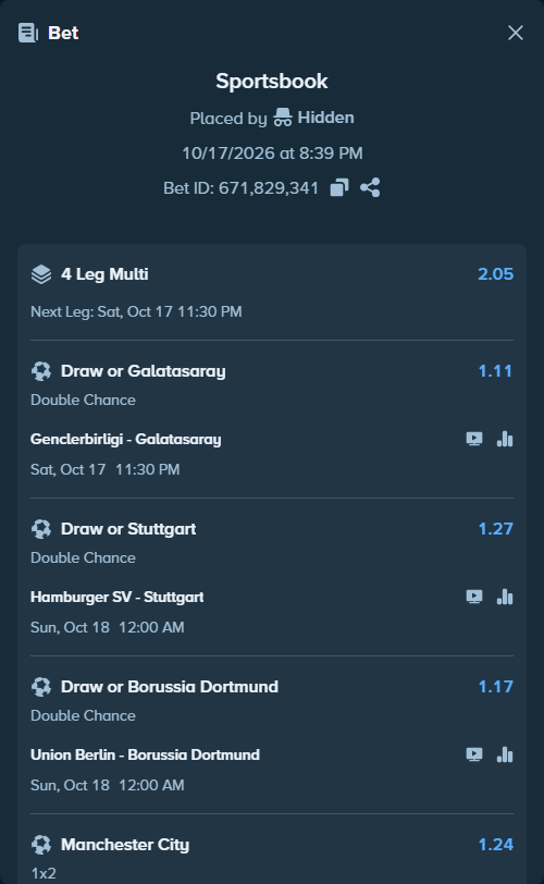 Bet slip: Hamburger SV - Stuttgart, $11,195.30 stake at 1.27 odds, placed by Hidden
