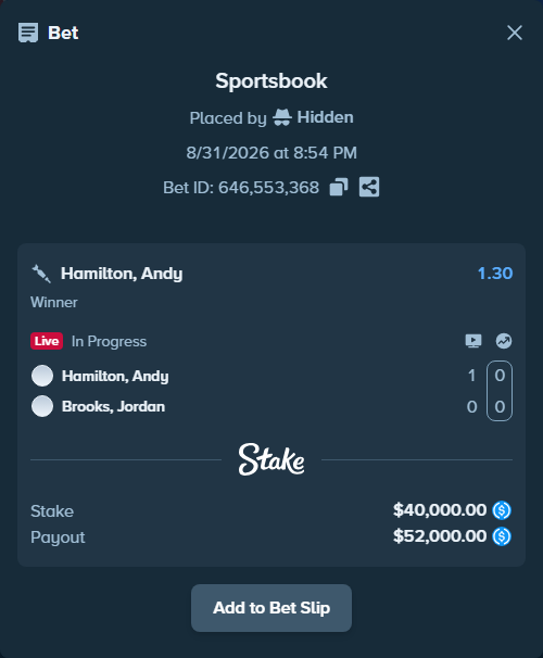 Bet slip: Hamilton, Andy - Brooks, Jordan, $40,000.00 stake at 1.30 odds, placed by Hidden
