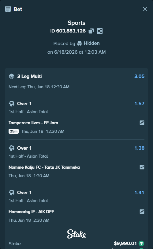 Bet slip: Hammarby IF - AIK DFF, $10,000.00 stake at 1.41 odds, placed by Hidden