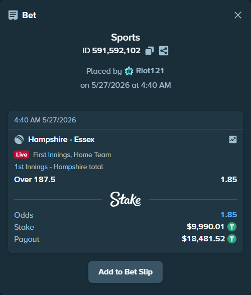 Bet slip: Hampshire - Essex, $10,000.00 stake at 1.85 odds, placed by Riot121